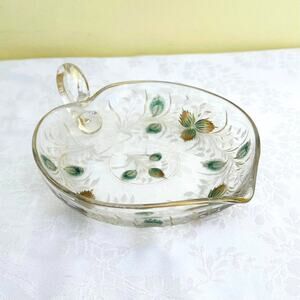 Antique Moser Bohemian Etched Glass Nappy Dish Handle, Spout, Gold Gilt Heart